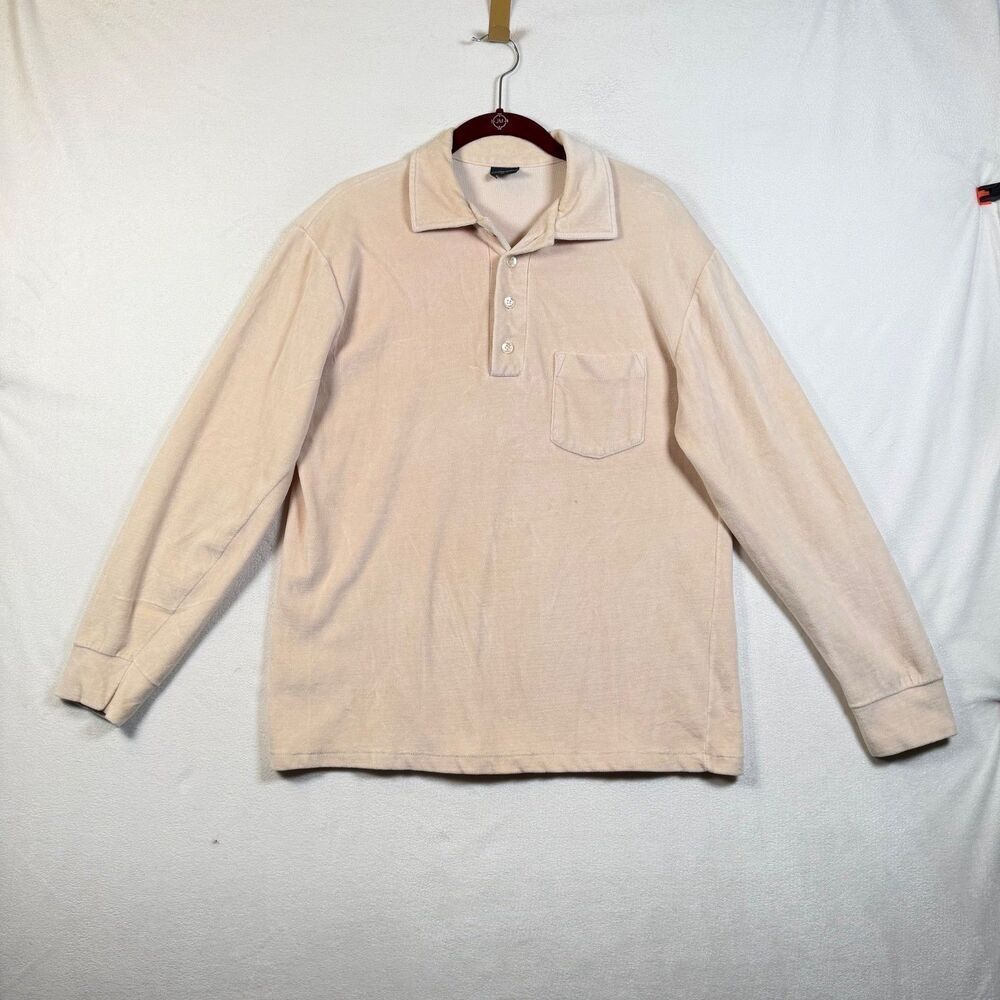 Vintage Velour Polo Shirt Mens L Cream Beige Long Sleeve Pocket Retro Soft 70s